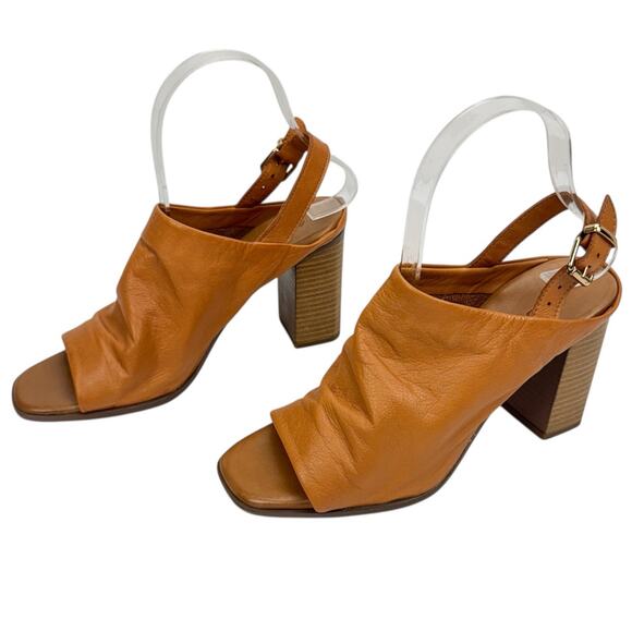 Aldo Tan Leather Open Toe Block High Heel Slingback Sandals Sz 6.5 Comfort Soft - Picture 1 of 14